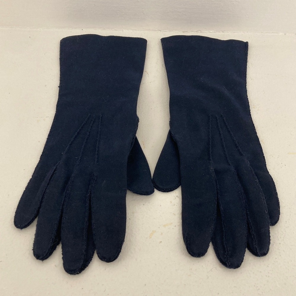 Crescendoe Vintage Navy Blue Cotton Gloves Leather Tailored Size 6.5 Mid Length